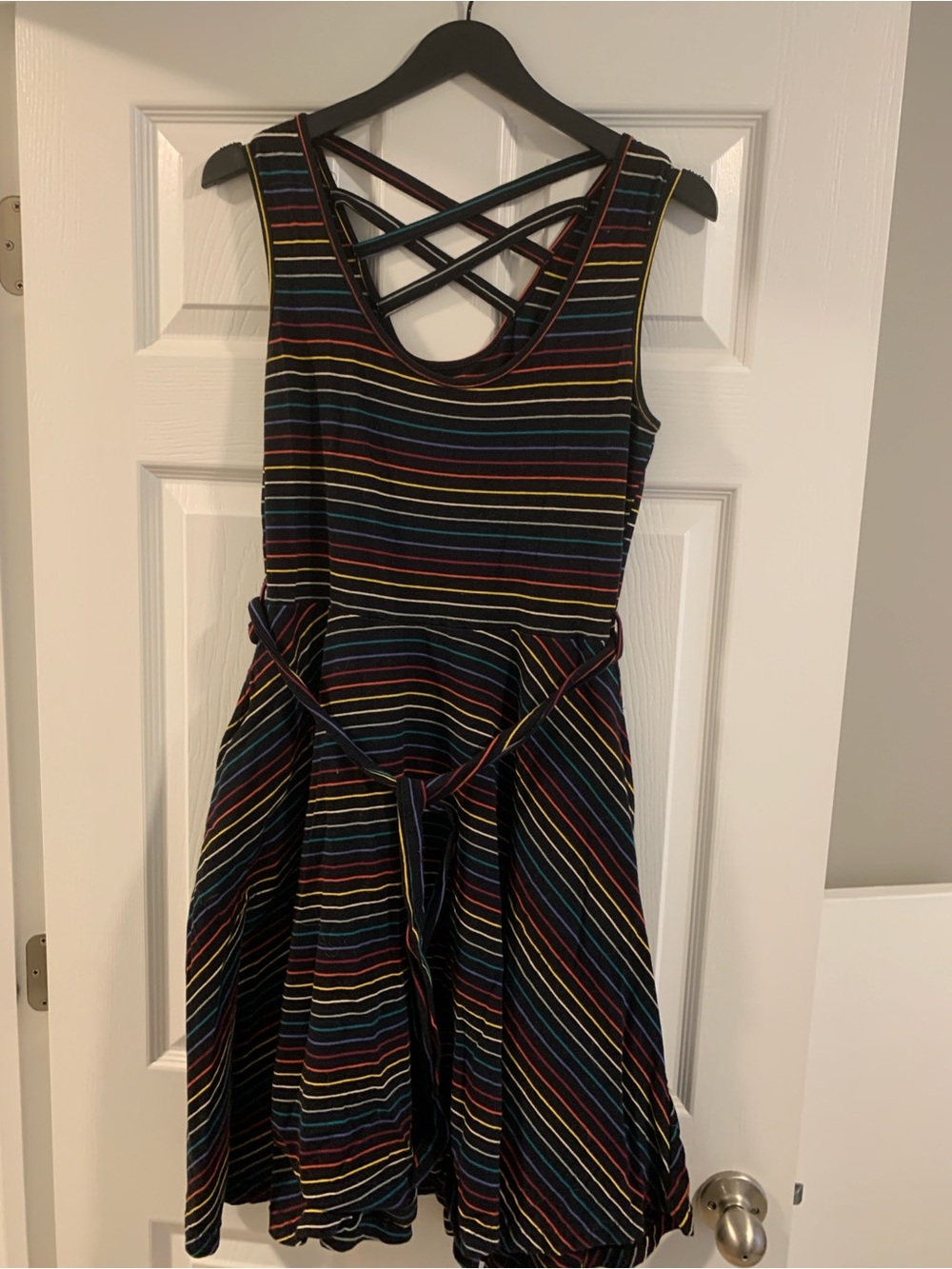 Effie's Heart Multi-Striped Crisscross Back Mini Dress - Black